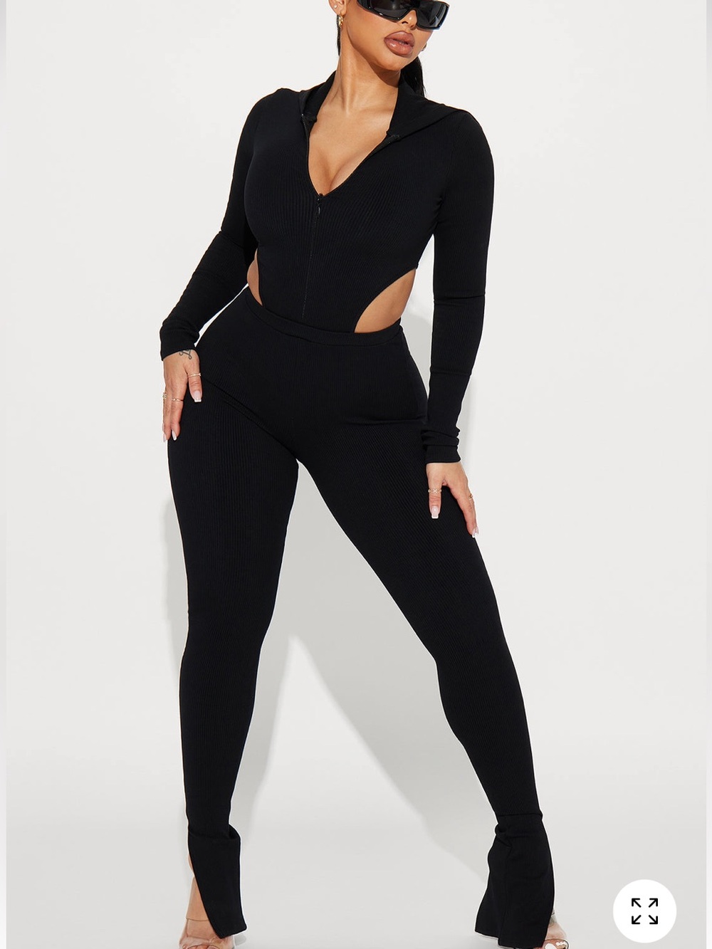 NWOT Fashion Nova Snatched Black Hooded Cutout Flared Jumpsuit